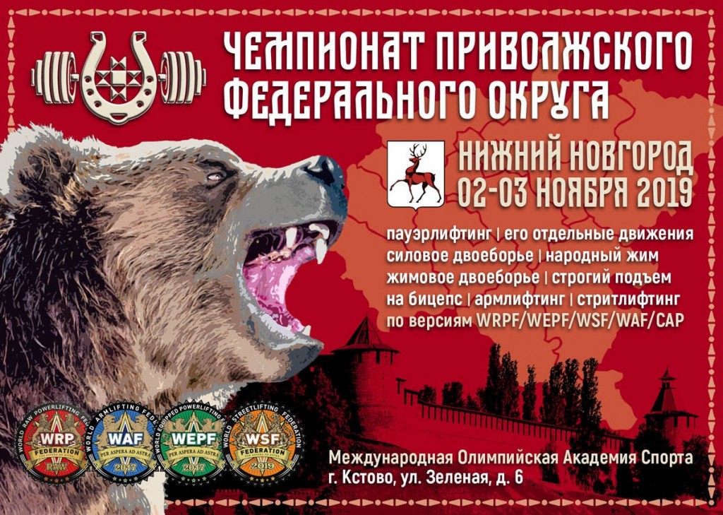 Чемпионат Приволжского федерального округа по пауэрлифтингу, его отдельным движениям, силовому двоеборью, народному жиму, строгому подъему на бицепс и стритлифтингу, а также Всероссийский мастерский турнир по жимовому двоеборью и армлифтингу, Кстово, 02-03.11.2019
