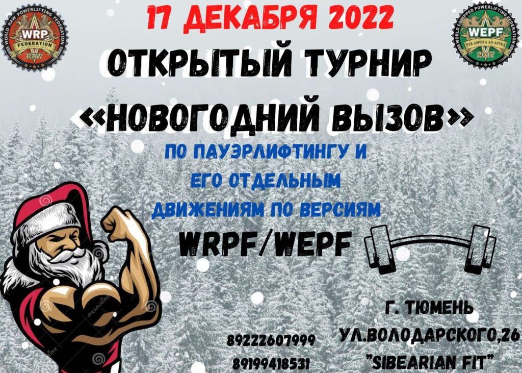 Открытый турнир «Новогодний вызов» и Чемпионат города Тюмени по пауэрлифтингу, силовому двоеборью, жиму лежа, народному жиму и становой тяге, Россия / Тюмень, 17.12.2022