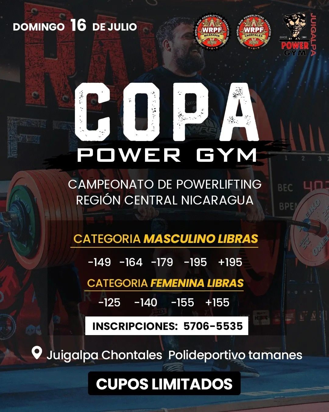 Турнир «COPA Power Gym» по пауэрлифтингу, жиму лёжа и становой тяге WRPF, Никарагуа / Чонталес, Джуигальпа, 16.07.2023