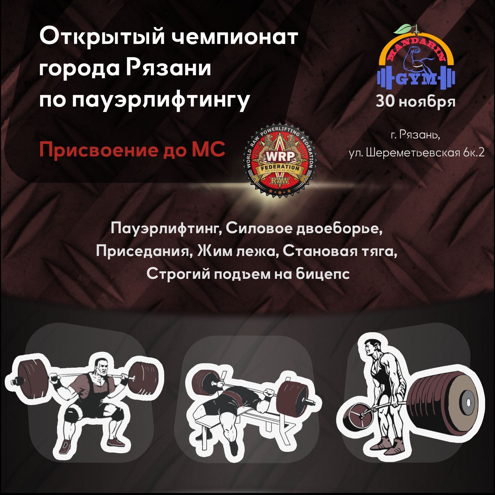 Чемпионат города Рязани по пауэрлифтингу, строгому подъему на бицепс и hip thrust WRPF/WEPF, Рязань, 30.11.2024