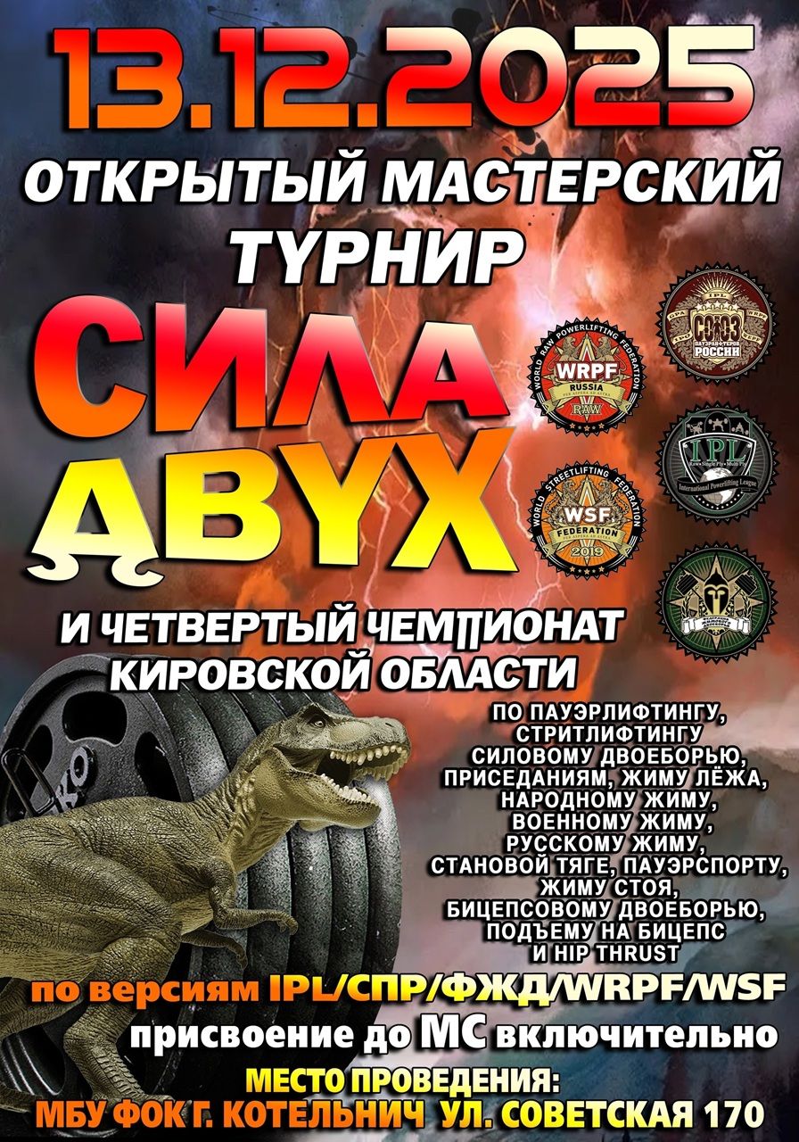 Турнир «Сила Двух» и IV Чемпионат Кировской области IPL/СПР/ФЖД/WRPF/WSF, Котельнич, 13.12.2025