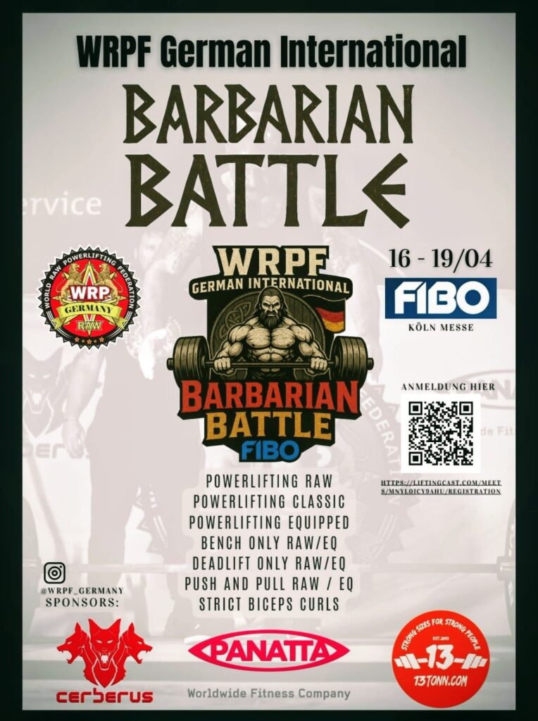 Международный турнир «Barbarian Battle» по пауэрлифтингу, силовому двоеборью, жиму лежа, становой тяге и строгому подъему на бицепс в рамках международной выставки FIBO 2026, Германия / Кельн, 16-19.04.2026