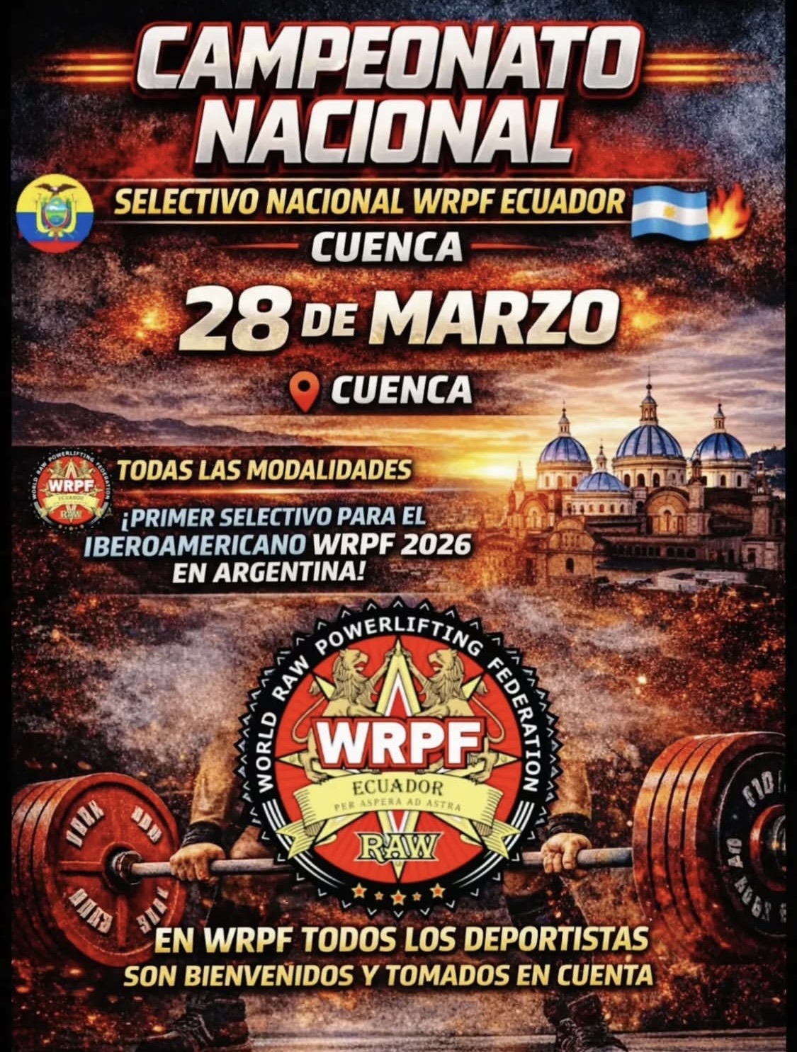 Открытый национальный турнир «Selectivo Nacional WRPF 2026» по пауэрлифтингу, жиму лежа и становой тяге по версии WRPF, Эквадор / Куэнка, 28.03.2026