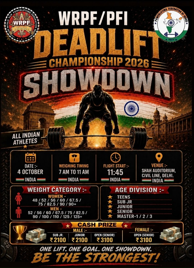 Открытый турнир «Deadlift Championship 2026 - Showdown» по становой тяге по версии WRPF, Индия / Дели, 04.10.2026